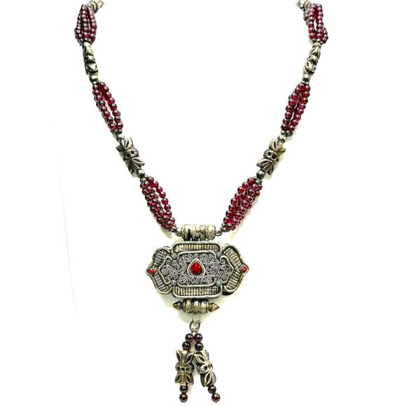 28" Vintage Tibetan Garnet Prayer Box Necklace—Gilt Gau with Multi-Strand Beads - Picture 1 of 14